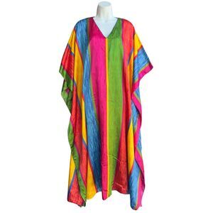 VTG Winlar Rainbow Caftan Dress One Size Multicolor Striped Long Satin Lounge